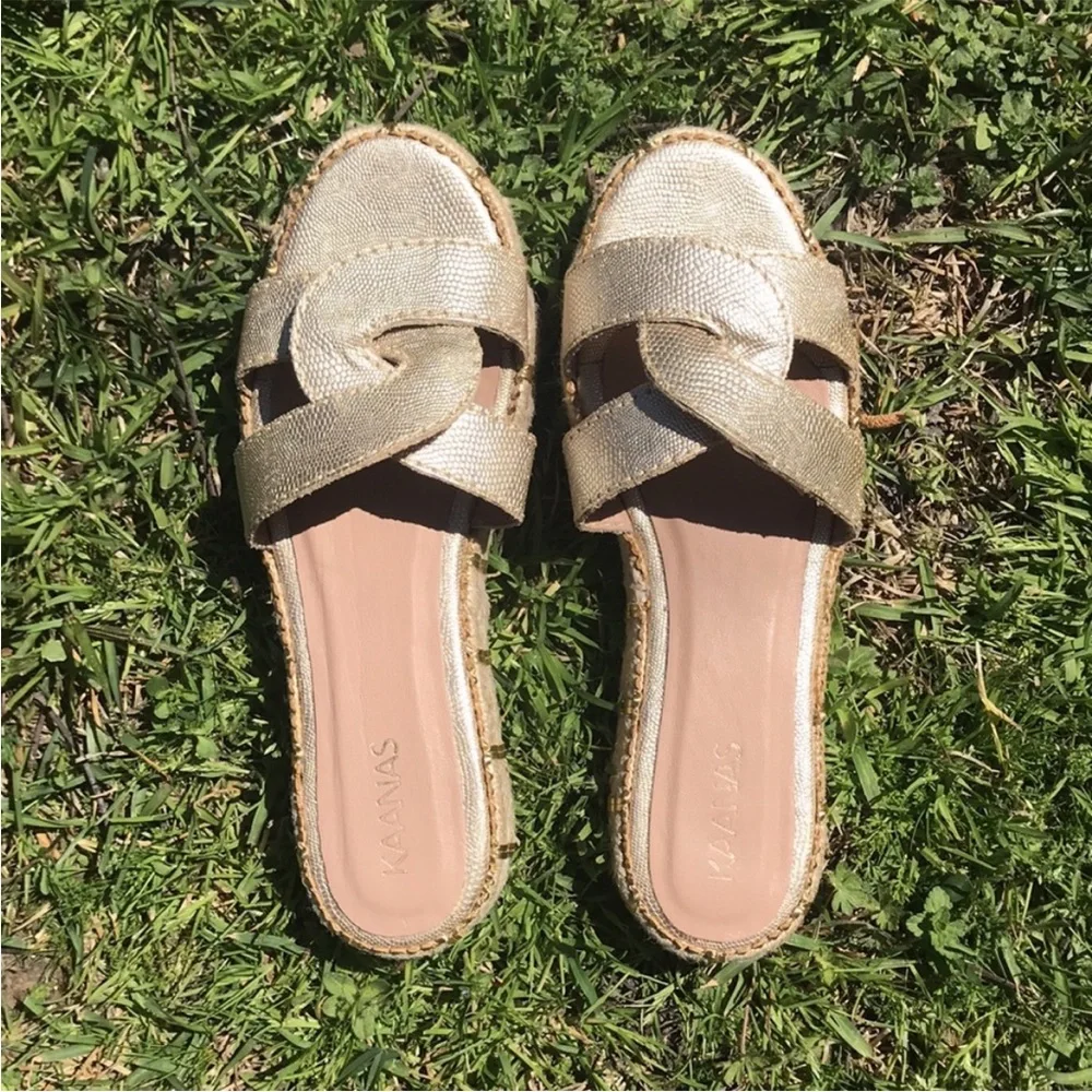 Anthropologie Kaanas Oia Infinity Flatform Espadrille Sandals in Gold Sz 7 - Picture 2 of 9